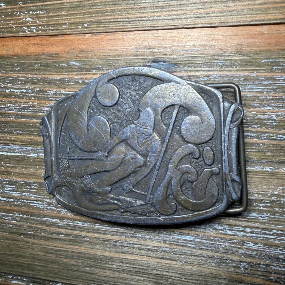 Vintage CDC Metalworks Skier Belt Buckle Colorado Brass Downhill Skiing Retro